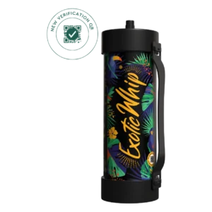 Exotic Whip 2000g cream charger tank, black cylinder with tropical artwork and carry handle