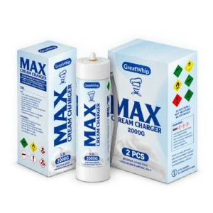 GreatWhip Max 2000g 3.3L cream charger tank with its two-pack retail boxes