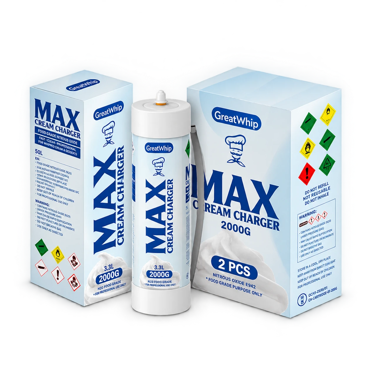 GreatWhip Max 2000g 3.3L cream charger tank with its two-pack retail boxes
