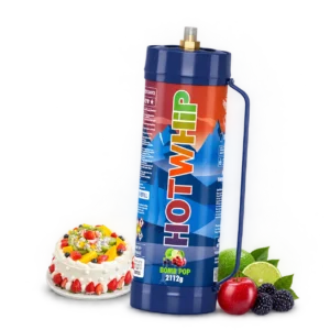 Hotwhip Bomb Pop flavoured 2112g cream charger tank shown with fruit and a gateau