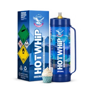 Hotwhip Original 2112g 3.3L cream charger tank shown with its retail box