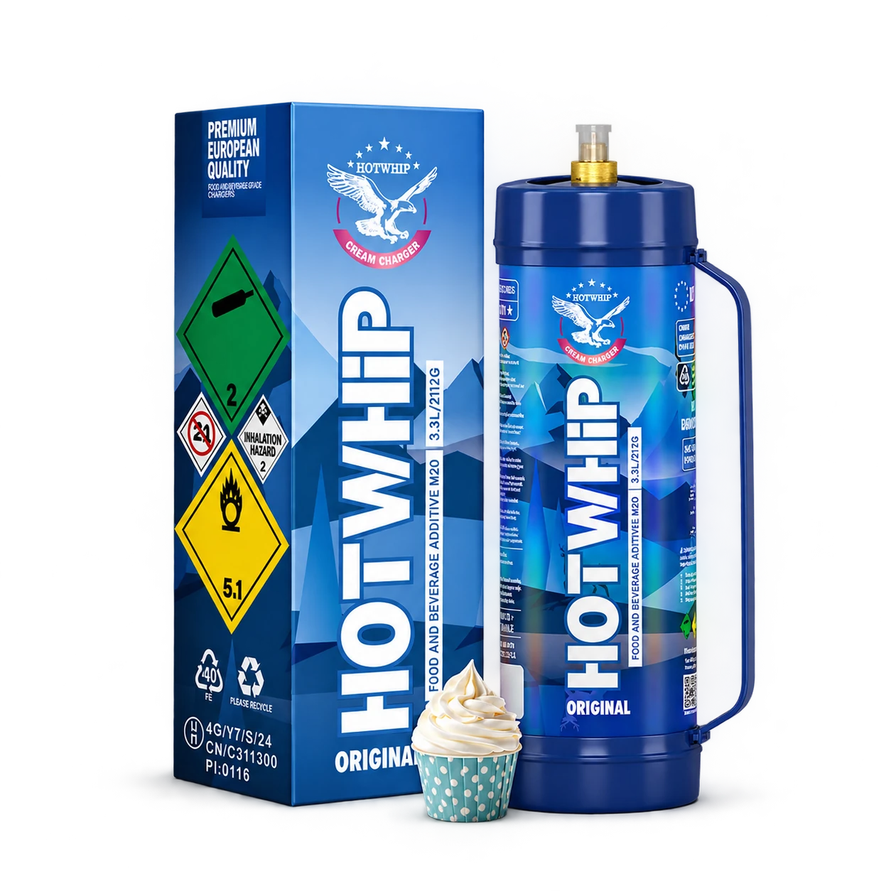 Hotwhip Original 2112g 3.3L cream charger tank shown with its retail box