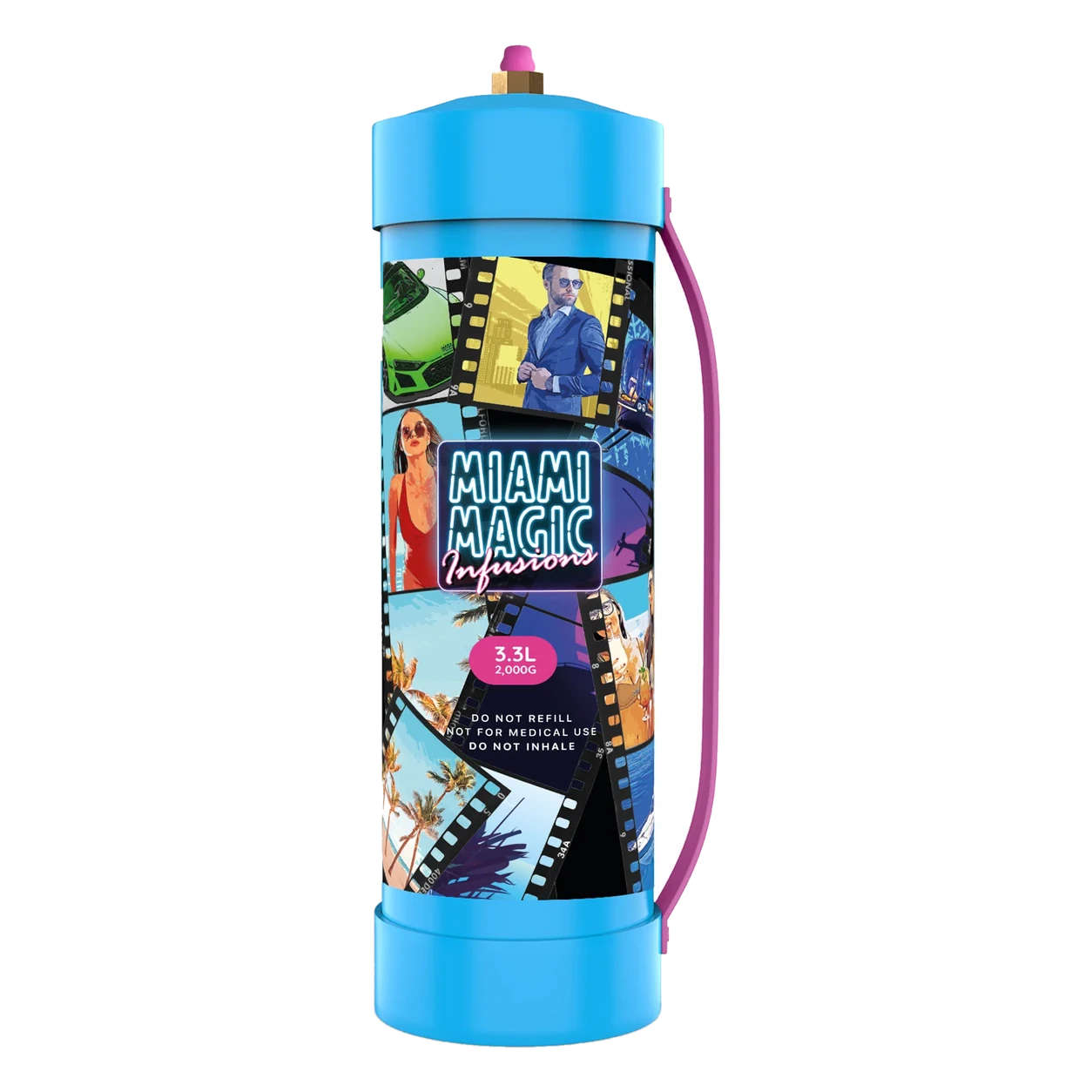 Miami Magic Infusions 2000g 3.3L cream charger tank, blue cylinder with pink carry handle