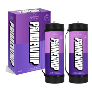 PrimeWhip XL 2000G Blueberry Blast cream charger tanks shown with purple retail packaging