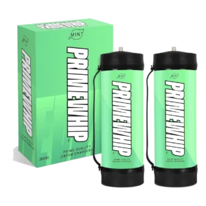 PrimeWhip XL 2000G Mint cream charger tanks shown with green retail packaging