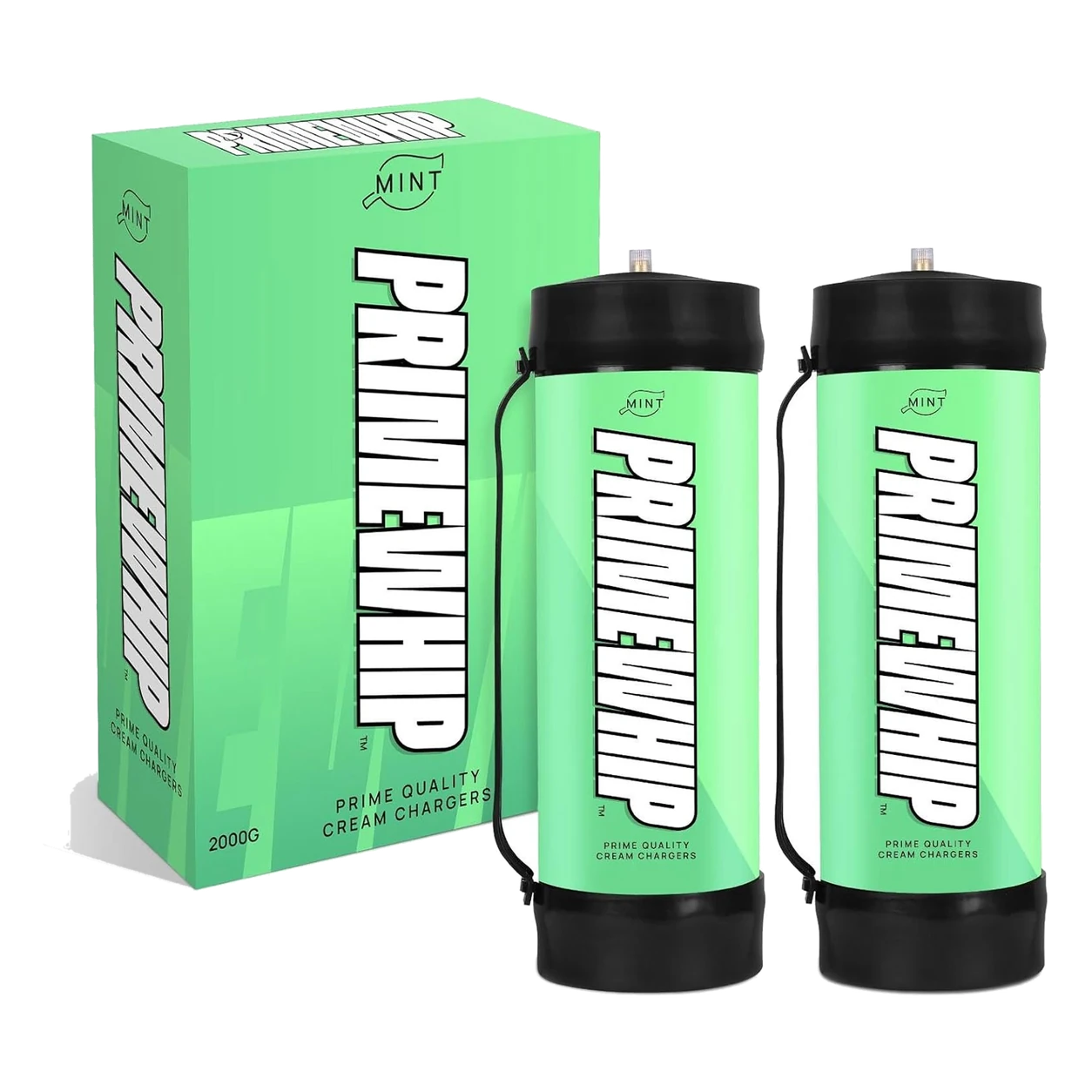PrimeWhip XL 2000G Mint cream charger tanks shown with green retail packaging
