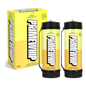 PrimeWhip XL 2000G Sweet Lemonade cream charger tanks shown with yellow retail packaging