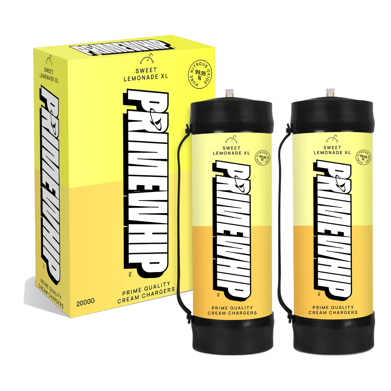 PrimeWhip XL 2000G Sweet Lemonade cream charger tanks shown with yellow retail packaging