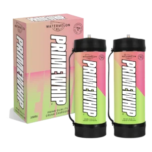 PrimeWhip XL 2000G Watermelon cream charger tanks shown with pink retail packaging